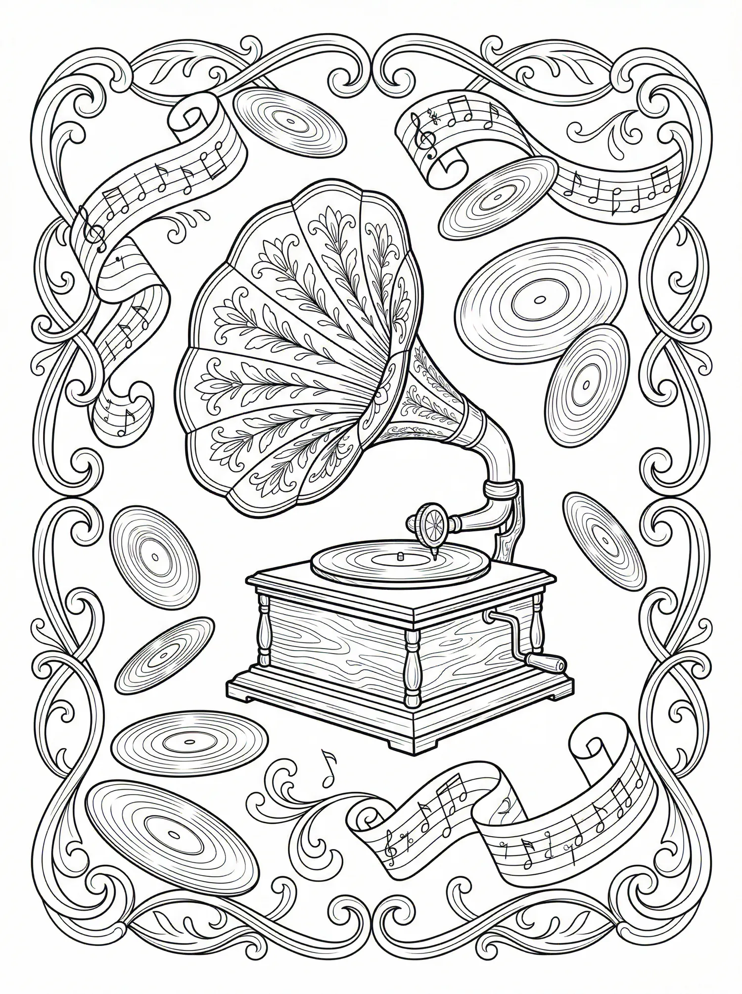 Coloriage adulte expert gramophone vintage vinyles musique ancienne art nouveau PDF